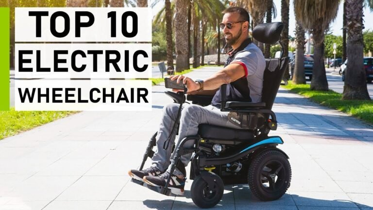 A modern power wheelchair sitting in a bright and spacious contemporary living room.