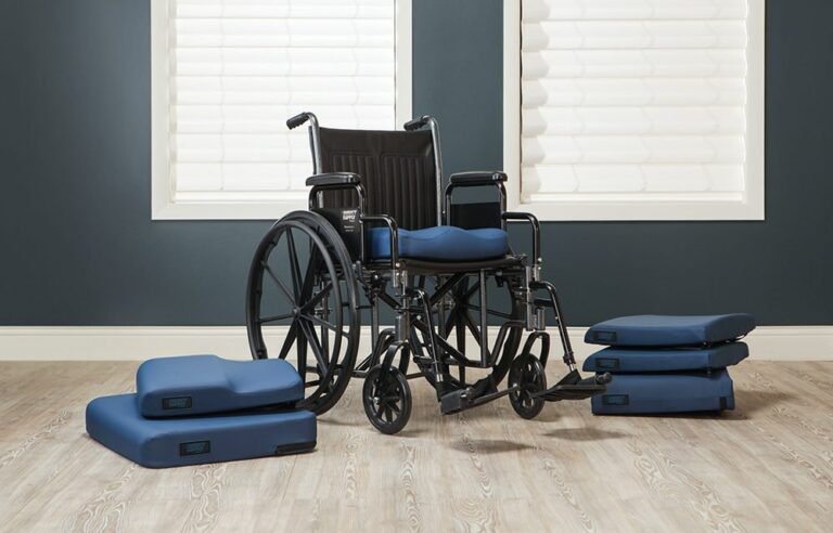 A modern, high-quality wheelchair parked in a bright and spacious contemporary living room.