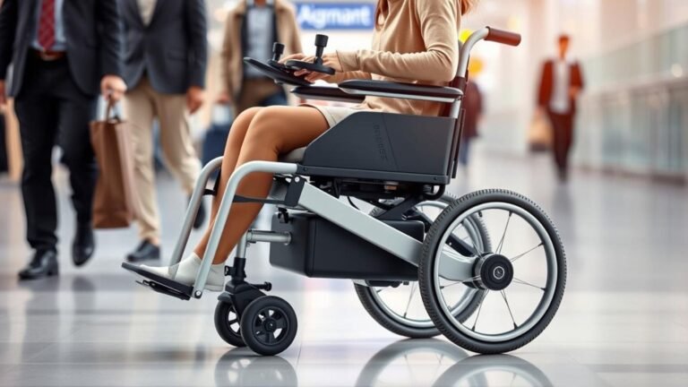 A modern lightweight wheelchair and suitcase in a bright airport terminal for travel.